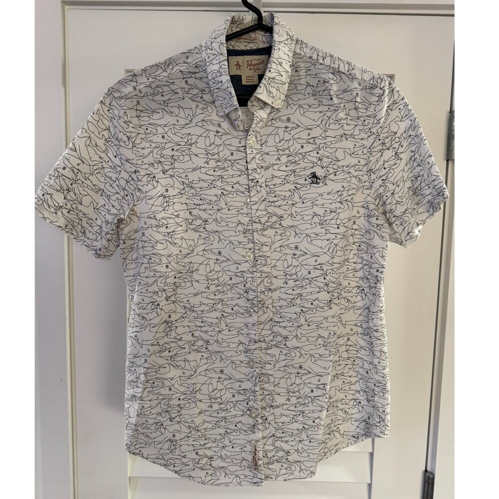 Penguin Men's Shark-Print Short-Sleeve Shirt (Patterned, Cotton Blend, Size S)